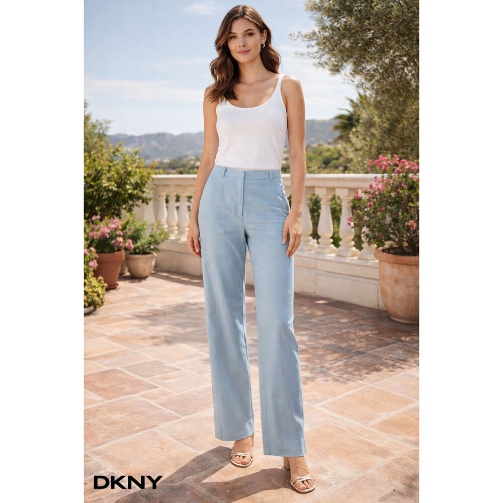 DKNY Blue Straight Leg Pants Size 12 Stretch Flat Front Classic Career Trousers